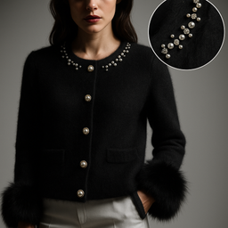 Women’s Cashmere Cardigan with Pearl Details & Fur Trim – ANGELINA