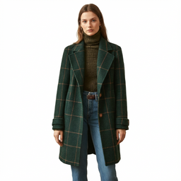 Women’s Long Check Coat with Lapel Collar