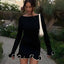 Black Mini Dress | Boat Neckline, Long Sleeve, Ruffled Hem 1