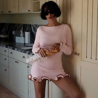 Black Mini Dress | Boat Neckline, Long Sleeve, Ruffled Hem 3