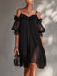 Black Mini Dress | Off-The-Shoulder Neckline, Lace Trim Hem 0