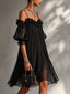 Black Mini Dress | Off-The-Shoulder Neckline, Lace Trim Hem 1