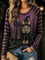 Halloween Witch Cat Print Long Sleeve Top for Women | Purple Black Stripe Shirt – LUNA