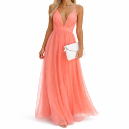 Women’s Tulle V-Neck Maxi Dress with Cross-Back Straps