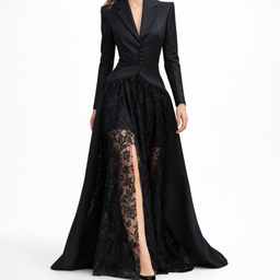 Women’s Structured Evening Gown with Lace Overlay and Thigh-High Slit
