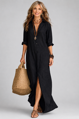 Women's  V-Neck Maxi Dress with Button Details