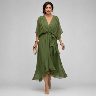 Women's  V-Neck with Fluid Silhouette  Maxi Dress