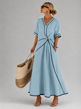 Women's V-Neck Maxi Dress with Draped Waist