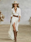 Long Dress | Long Sleeve, Belted Waist, Pleated Lapels 0