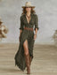 Long Dress | Long Sleeve, Belted Waist, Pleated Lapels 2