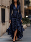 Long Sleeve Maxi Dress | Draped Satin, Ruffle Hem 0