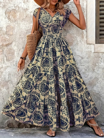 Maxi Dress | Floral Print, Long Sleeve V-Neck 0