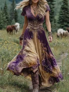 Maxi Dress | V-Neckline, Floral Print, Short Sleeves 2