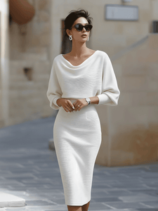 Midi Dress | Draped Batwing Sleeves, Flattering Silhouette 0