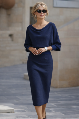 Midi Dress | Draped Batwing Sleeves, Flattering Silhouette 1