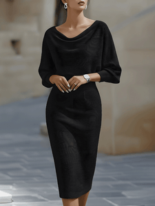 Midi Dress | Draped Batwing Sleeves, Flattering Silhouette 2