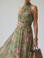 Midi Dress | Gathered Halter Neckline, Floral Pattern 1
