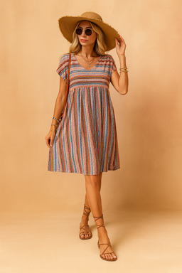 Women’s V-Neck Mini Dress with Elastic Waist