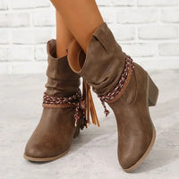 Women’s Slouchy Western Ankle Boots with Braided Tassel