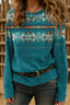 Women's Geometric Print Sweater | Teal Round Neck Pullover