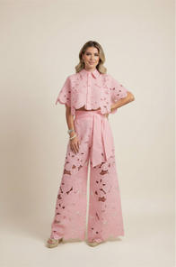 Two-Piece Set | Floral Cut-Out Top, Wide-Leg Pants 3