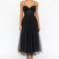 Women’s Spaghetti Strap Fitted Tulle Midi Dress