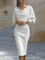 White Midi Dress | Draped Cowl Neckline, Batwing Sleeves 0
