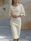 White Midi Dress | Draped Cowl Neckline, Batwing Sleeves 1