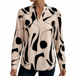 Women’s Abstract Print Long-Sleeve Blouse with Soft Drape