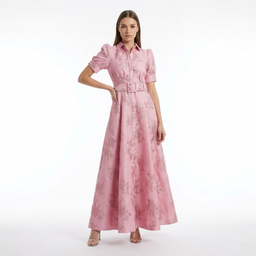 Women’s Belted Jacquard Maxi Dress with Puff Sleeves