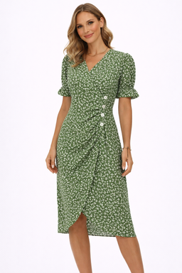 Women’s Button-Detail Wrap Midi Dress