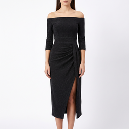 Women’s Draped Off-Shoulder Midi Dress with Front Slit