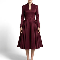 Women’s Elegant Long Sleeve Midi Dress with V-Neck and Flared Skirt