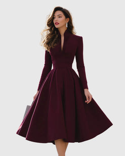 Women’s Elegant Long Sleeve Midi Dress with V-Neck and Flared Skirt