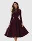 Women’s Elegant Long Sleeve Midi Dress with V-Neck and Flared Skirt