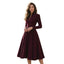 Women’s Elegant Long Sleeve Midi Dress with V-Neck and Flared Skirt