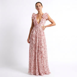 Women’s Floral Ruffle Sleeve High-Low Maxi Dress