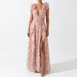Women’s Floral Ruffle Sleeve High-Low Maxi Dress