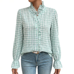 Women’s Gingham Ruffle Trim Long Sleeve Blouse