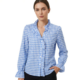 Women’s Gingham Ruffle Trim Long Sleeve Blouse