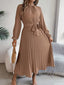 Women’s High-Neck Pleated Midi Dress with Tie Belt