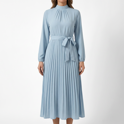 Women’s High-Neck Pleated Midi Dress with Tie Belt