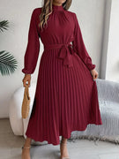 Women’s High-Neck Pleated Midi Dress with Tie Belt