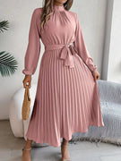 Women’s High-Neck Pleated Midi Dress with Tie Belt