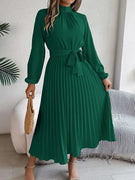 Women’s High-Neck Pleated Midi Dress with Tie Belt