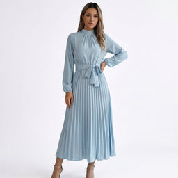 Women’s High-Neck Pleated Midi Dress with Tie Belt