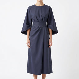 Women’s Midi-Length Dress with Lantern Sleeves and Waist Belt