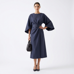 Women’s Midi-Length Dress with Lantern Sleeves and Waist Belt