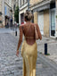 Women’s Satin Evening Maxi Dress with Open Back