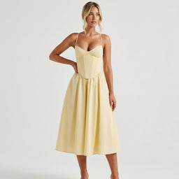 Women’s Structured Bodice Midi Dress with Flared Skirt